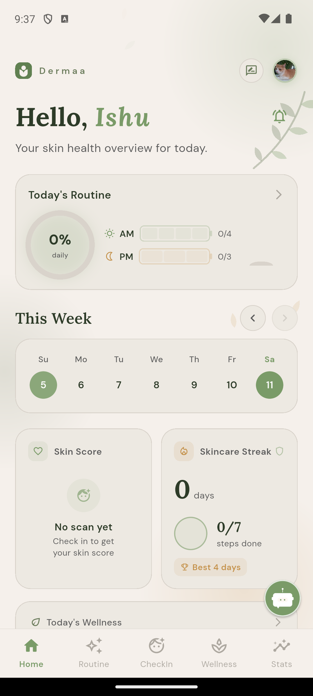 Dermaa dashboard showing routine progress, skin score, and streak